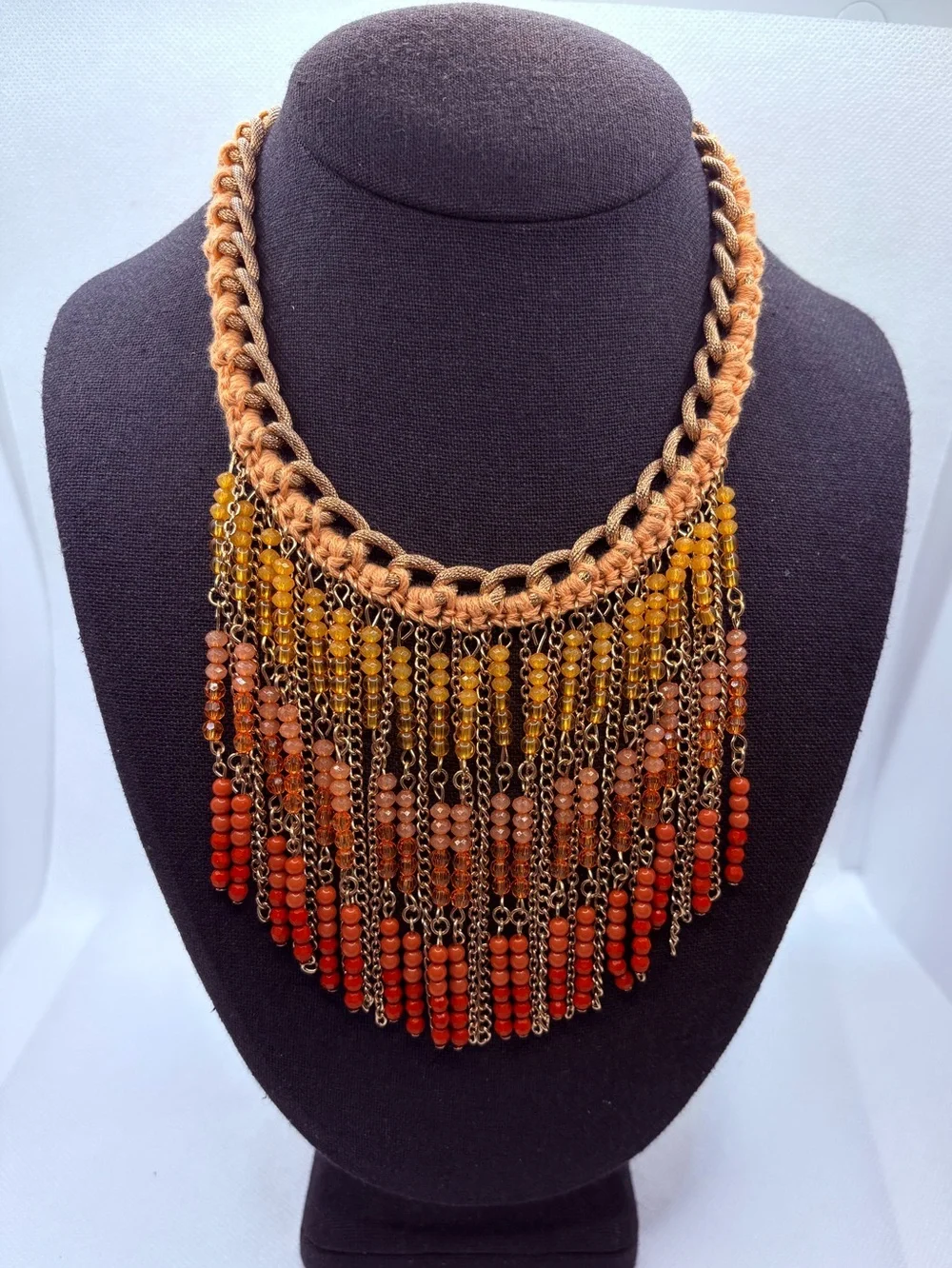 Boho Fringe Macrame Beaded Goldtone Necklace Yellow Orange Red Statement 15-17”